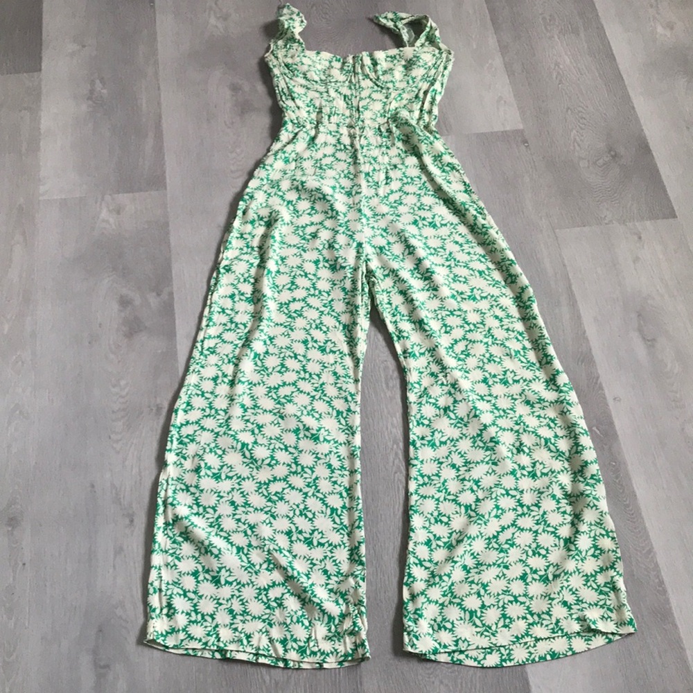 WOMENS PALAZZO PANT JUMPSUIT GREEN FLORAL WIDE LEG HIGH RISE CORSET S